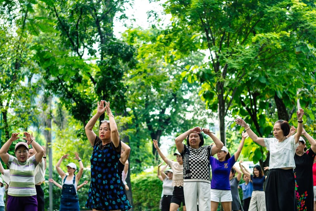 group of seniors doing gentle yoga